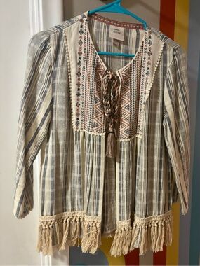Knox Rose Cream and Gray Embroidered Boho Top with Rust Accents